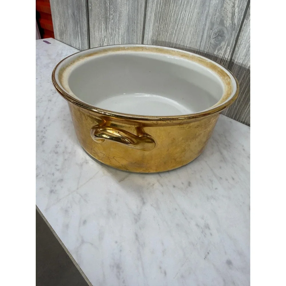 Hall China Golden Glo 22 Karat Gold Covered Casserole Dish Vintage Round 8 Inch